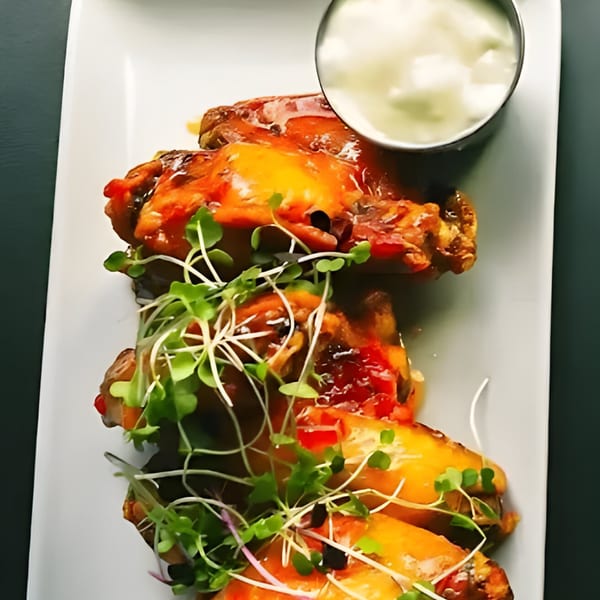 Sweet and spicy chicken wings garnished with microgreens and a side of ranch dressing.