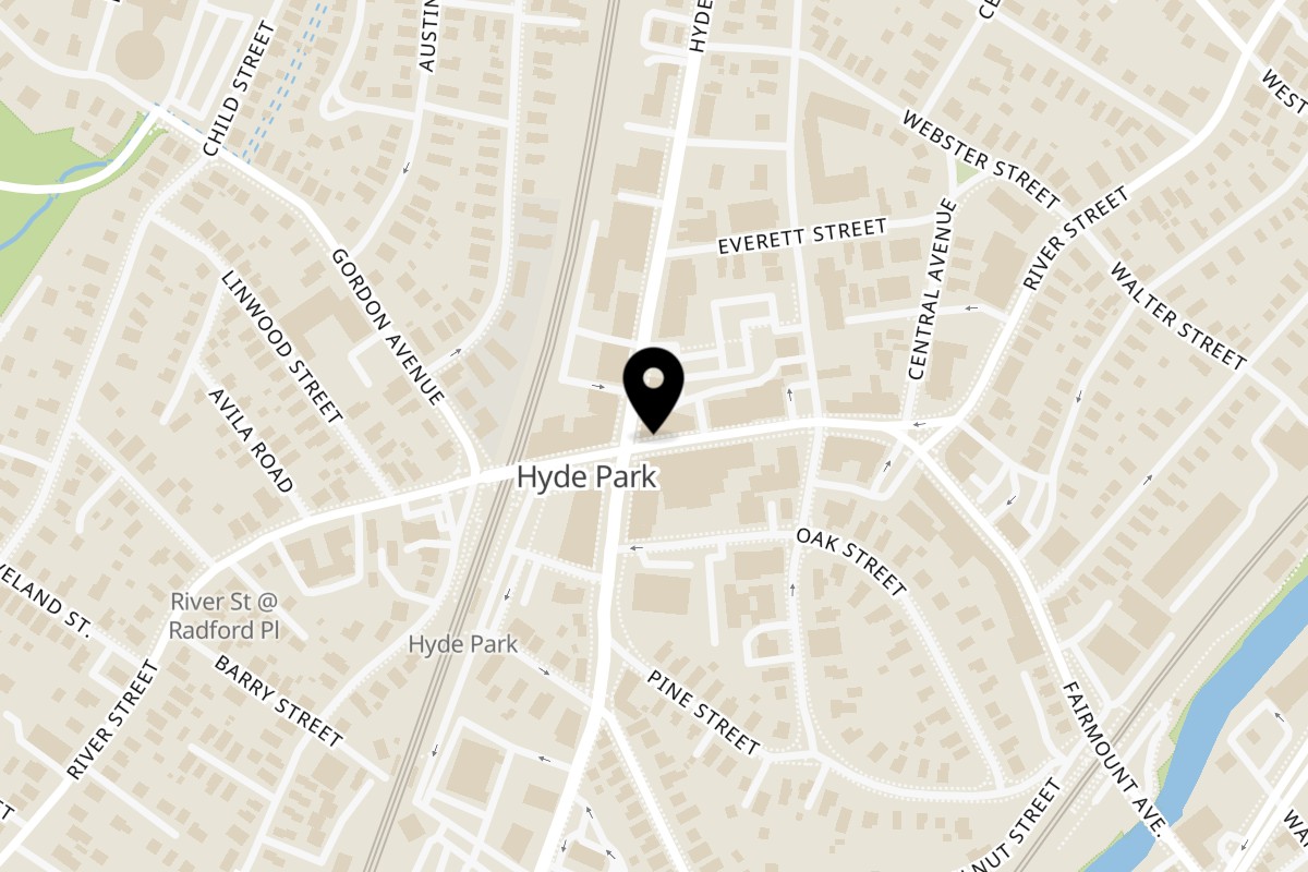 Map showing the location of Boston Restaurant Bar & Grill, LLC on 1267-1269 River St in Hyde Park